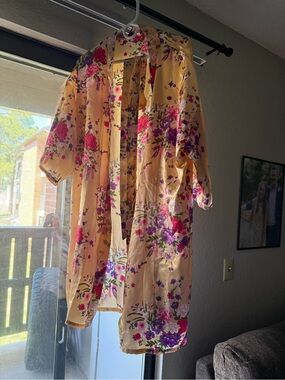 Floral Satin Kimono Robe in Peach with Pink & Purple Blooms